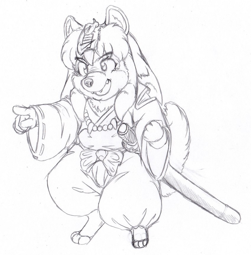 anthro anthrofied asian_clothing biped clothing east_asian_clothing japanese_clothing katana leaf leaf_on_head male melee_weapon miko_outfit open_mouth solo standing sword tail weapon kitsune_youkai inuyasha inuyasha_(inuyasha) canid canine canis domestic_dog mammal 2021 hi_res monochrome