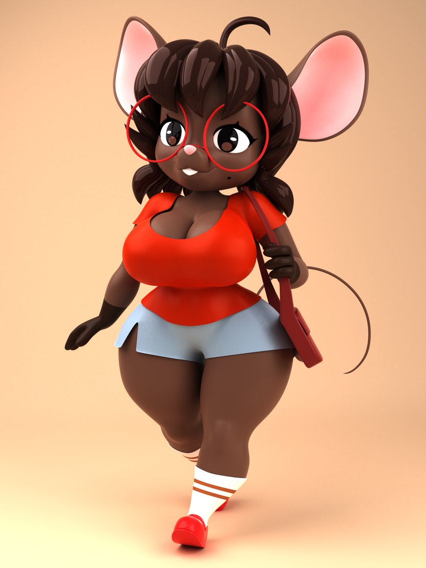 anthro big_breasts big_ears bottomwear breasts brown_body brown_eyes brown_fur brown_hair cleavage clothed clothing curvy_figure denim denim_bottomwear denim_clothing denim_shorts female footwear fur gloves_(marking) hair markings red_clothing red_footwear red_shirt red_shoes red_topwear shirt shoes short_stack shorts shoulder_bag small_waist socks solo tail thick_thighs thin_tail topwear voluptuous walking wide_hips argos90 gwen_geek gwen_martin house_mouse mammal mouse murid murine rodent 3:4 3d_(artwork) digital_media_(artwork) hi_res portrait three-quarter_portrait