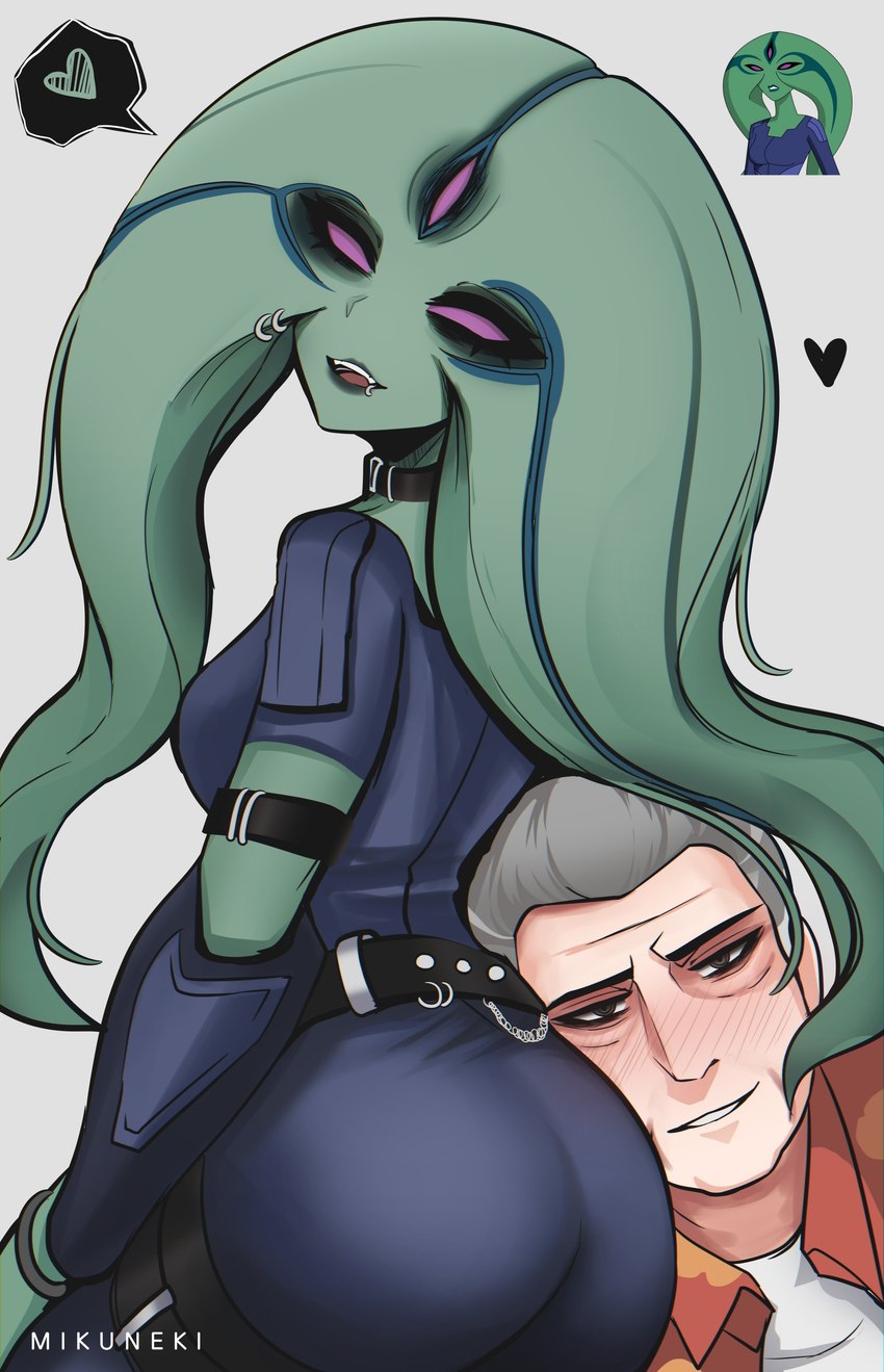 breasts butt clothed clothing duo facial_piercing female green_body grey_hair hair heart_symbol human_on_humanoid interspecies lip_piercing male male/female not_furry piercing mikuneki ben_10 cartoon_network max_tennyson xylene alien human humanoid mammal uxorite 2023 absurd_res hi_res