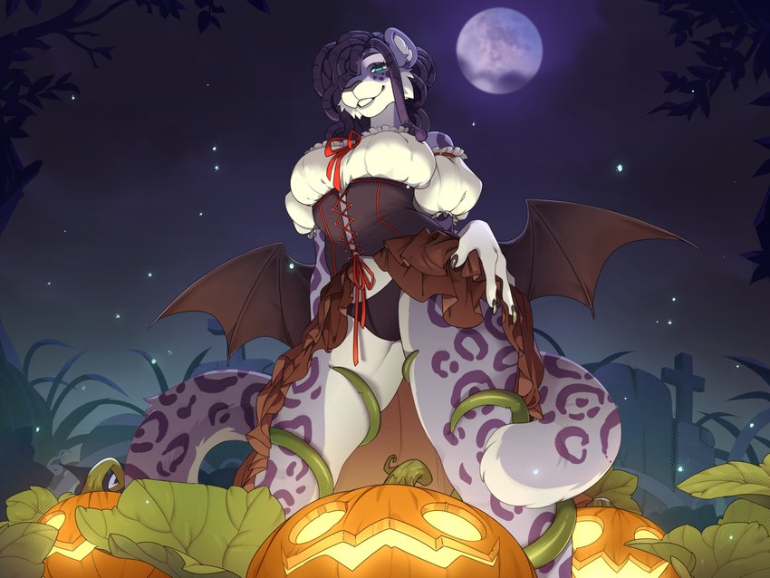 anthro bat_wings big_breasts breasts clothing corset costume dreadlocks female food fruit holidays lingerie looking_at_viewer membrane_(anatomy) membranous_wings moon night panties plant pumpkin solo spread_wings starscape topwear underwear vines wings zilya-lya halloween legend_of_ahya natalia_ruyemov_(darkflamewolf) domestic_cat felid feline felis leopard mammal pantherine snow_leopard 4:3 hi_res