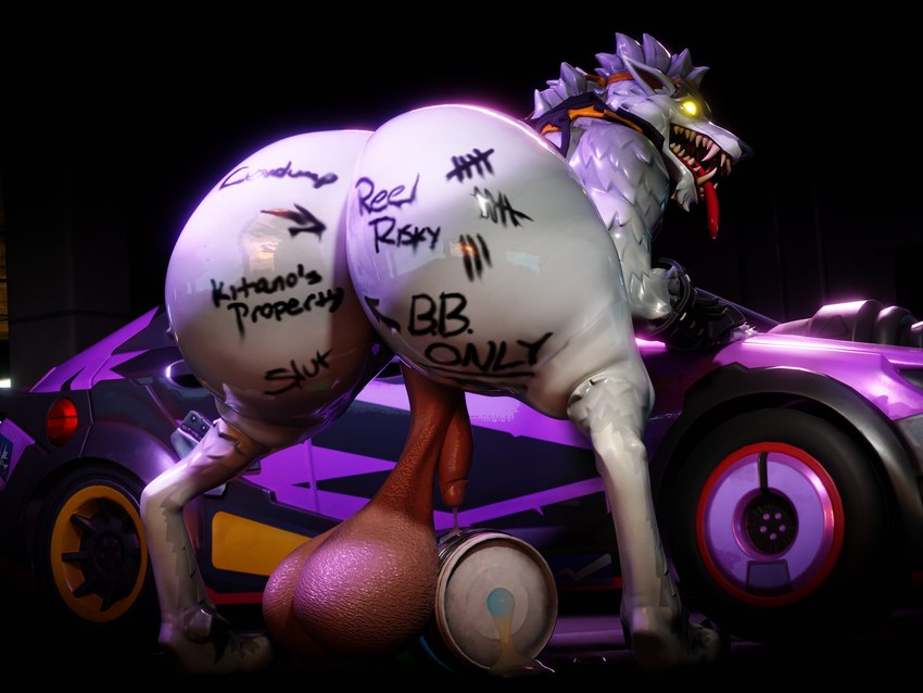 anthro balls barefoot big_balls big_butt big_maw bodily_fluids body_writing bottomless butt car clothed clothing digitigrade feet genital_fluids genitals glowing glowing_eyes huge_balls huge_butt humanoid_genitalia humanoid_penis leaking_precum long_snout looking_at_viewer looking_back looking_back_at_viewer male open_mouth open_smile paws penis precum presenting presenting_hindquarters saggy_balls smile snout solo tally_marks tongue tongue_out toothy_grin vehicle writing_on_butt maximumuwu epic_games fortnite mythology dire_(fortnite) canid canine mammal mythological_canine mythological_creature were werecanid werecanine werewolf 3d_(artwork) 4:3 absurd_res digital_media_(artwork) hi_res