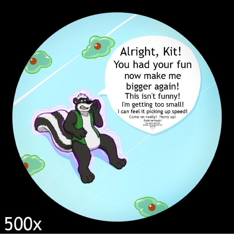 anthro clothing humor laboratory_equipment micro microscope scientific_instrument shrinking size_transformation slide solo speech_bubble text topwear transformation vest kitsunekit firr bacteria_(organism) cell_(organism) goo_creature mammal mephitid micro_organism_(organism) skunk striped_skunk 1:1 english_text