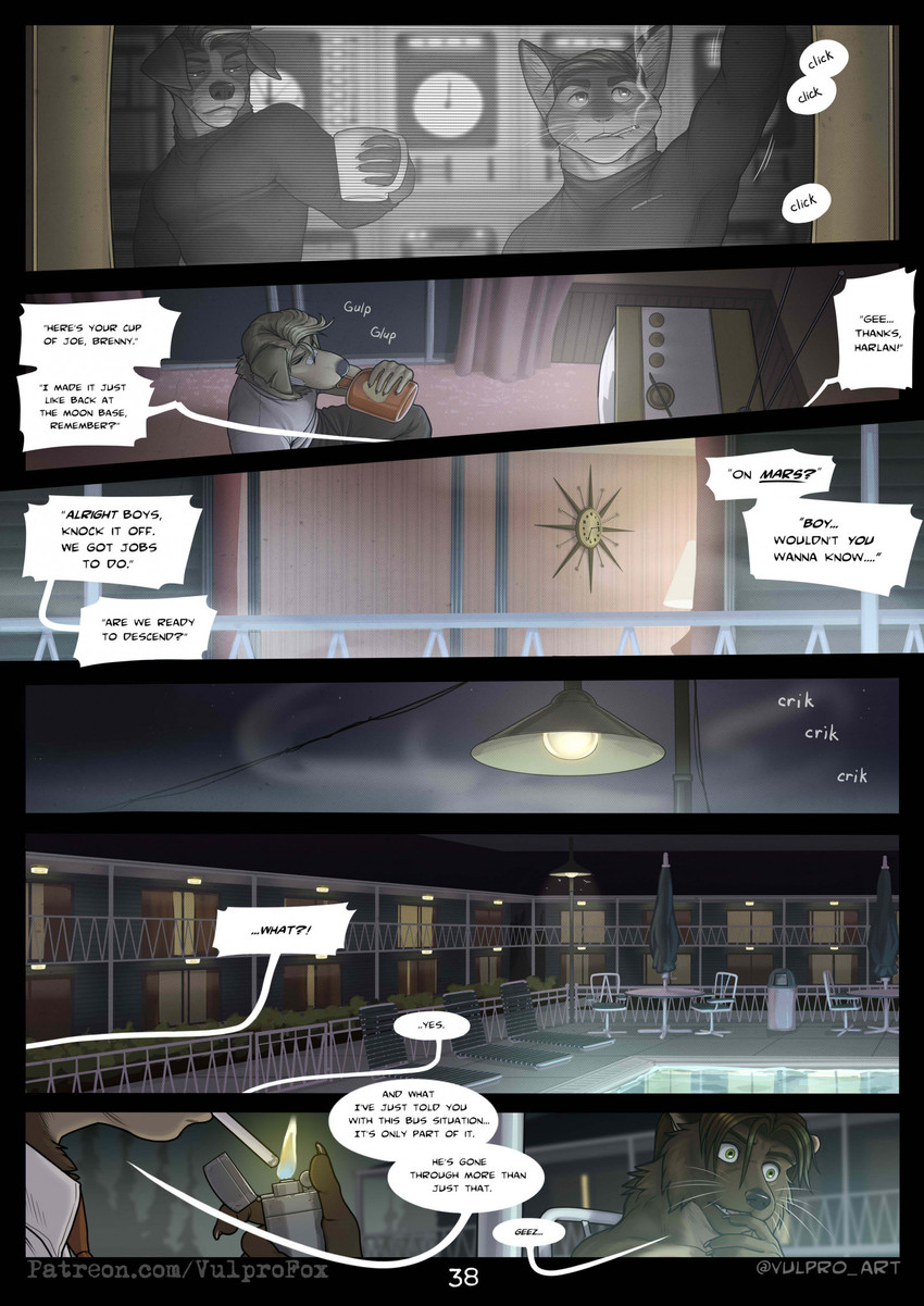 1950s_theme 5_fingers adjusting alcohol alcohol_bottle alcohol_consumption ambiguous_gender analog_clock annoyed anthro apartment asking athletic athletic_anthro athletic_male balcony band-aid band-aid_on_cheek band-aid_on_face bandage bandage_on_face beach_chair beach_umbrella beverage beverage_bottle biceps bin biped black_border black_bottomwear black_claws black_clothing black_eyebrows black_nose black_pants black_text blonde_hair blurred_background border bottle bottomwear broadcast broadcasting brown_body brown_eyebrows brown_fur brown_hair brown_hands brown_necktie bruised building cable calibrating calibrations cathode_ray_tube ceiling_lamp chair cheek_tuft chest_tuft cigarette cigarette_in_mouth cigarette_smoke claws click clicking clock close-up clothed clothed_anthro clothed_male clothing container control_panel control_room countershade_neck countershade_torso countershading creaking crossed_arms crt crt_effect cup curtains curtains_open dark detailed_background dialogue drama drinking drinking_alcohol drunk ear_tuft electronics elegant elegant_dress ellipsis exclamation_point eyebrows eyes_closed faceless_ambiguous faceless_anthro faceless_character facial_expression facial_markings facial_scar facial_tuft fangs fence finger_claws finger_to_mouth fingers fire floppy_ears fluffy fog front_view fur fur_markings fur_tuft furniture glass glass_container glistening glowing green_eyes grey_body grey_clothing grey_countershading grey_ears grey_fur grey_inner_ear_fluff grey_markings grey_screen grey_shirt grey_text grey_topwear group gulp_(sound_effect) hair half-closed_eyes hand_focus head_markings high-angle_view holding_bottle holding_container holding_cup holding_lighter holding_mug holding_object hotel hotel_room humanoid_hands inner_ear_fluff inside interrobang lamp light light_bulb lighter lighting_cigarette lights liquid liquor living_room logo looking_aside looking_at_another looking_at_television looking_away looking_down looking_forward looking_up male male_anthro malt_whiskey markings mid-century_modern mid-century_modern_furniture minor_wound modern_architecture monotone_body monotone_fur motel motion_lines mouth_closed mug multicolored_body multicolored_fur narrowed_eyes neck_tuft necktie nervous night notched_ear nude nude_ambiguous nude_anthro nude_male number object_in_mouth off-screen offscreen_character offscreen_male on_chair onomatopoeia open_mouth outside outside_border pants parasol pecs pink_curtains pink_tongue plant pool pool_chair poolside pose question question_mark questioning questioning_tone raised_arm raised_eyebrows red_necktie reflection scar scared screen shadow sharp_fangs shirt short_hair shrub side_view sitting sitting_on_chair sitting_on_ground sky small_ears smoke smoking smoking_cigarette sound_effects speech_bubble standing star starry_sky street_lamp substance_intoxication suit surprised swallowing swimming_pool symbol table tan_body tan_fur teeth television television_antenna television_glow television_program television_show text thick_eyebrows thinking thinking_pose three-quarter_view tight_clothing tight_shirt tight_topwear tired tongue topwear trash_can triceps tuft tv_antenna two_tone_body two_tone_fur umbrella uniform vapour vintage wall_clock watching_television water water_reflection whiskers whiskey whiskey_bottle white_clothing white_inner_ear_fluff white_shirt white_text white_topwear white_whiskers wide_eyed window worried worried_face worried_for_other worried_look wound_on_face wounded yellow_body yellow_fur vulprofox the_twilight_zone brennan_(vulprofox) dana_(vulprofox) eddie_(vulprofox) harlan_(vulprofox) orlon_(vulprofox) ambient_arthropod ambient_butterfly ambient_dragonfly ambient_insect ambient_moth ambiguous_species beagle bird_dog canid canine canis domestic_cat domestic_dog felid feline felis golden_labrador golden_retriever gulonine hunting_dog mammal marten mustelid musteline pine_marten retriever scent_hound 2023 colored comic detailed digital_drawing_(artwork) digital_media_(artwork) english_text hi_res lighting multiple_scenes shaded url watermark