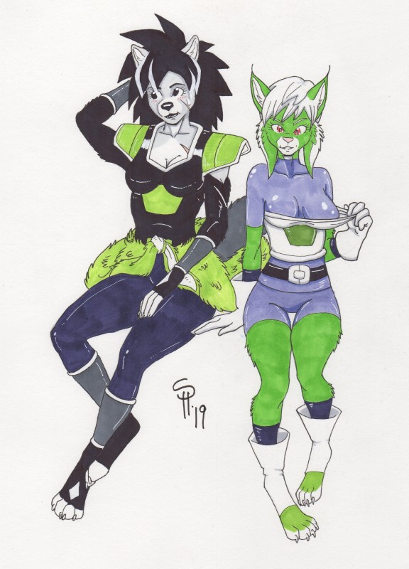 anthro duo female female/female sitting dreadwolfclaw1990 dragon_ball dragon_ball_super dragon_ball_z broly cheelai samantha_daring sybil_mccready canid canine canis felid feline lynx mammal wolf absurd_res hi_res