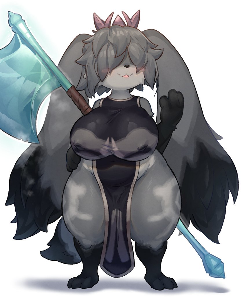 axe big_breasts black_body black_fur black_hands blush breasts clothing erect_nipples female fluffy fluffy_ears fluffy_tail fur grey_body grey_fur grey_hair hair hair_over_eye nipple_outline nipples short_stack solo tail thick_thighs tight_clothing topwear weapon weapon_on_shoulder wide_hips healingpit atlyss poon_(atlyss) absurd_res hi_res