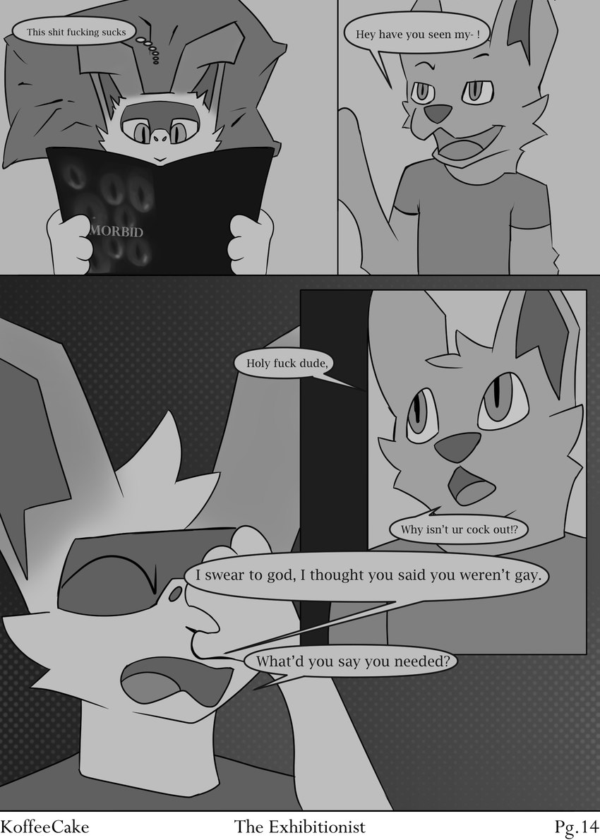 anthro bed book clothed clothing dialogue duo facepalm fur furniture hair male male/male pillow simple_background text koffeecake jay-(koffeecake) canid canine lagomorph leporid mammal rabbit 2024 artist_name black_and_white comic digital_drawing_(artwork) digital_media_(artwork) english_text greyscale hi_res monochrome shaded sketch