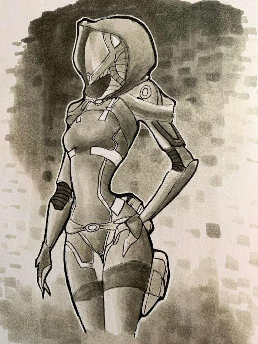 clothed clothing female looking_away mask simple_background solo spacesuit standing soul_spaghetti bioware electronic_arts mass_effect alien alien_humanoid humanoid quarian 3:4 hi_res monochrome portrait shaded three-quarter_portrait