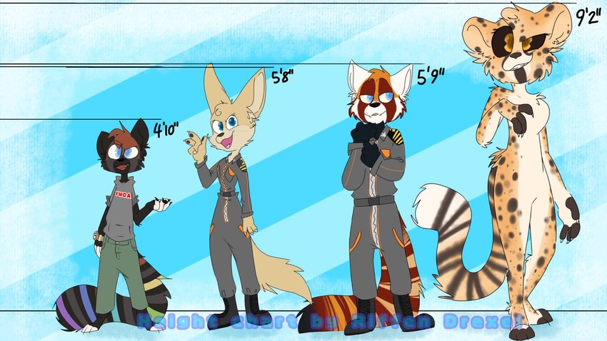 anthro big_tail black_fingers black_toes blue_eyes bottomwear chart clothing dark_body dark_fur dark_sclera female fur group height_chart jumpsuit male military military_uniform multicolored_tail orange_body orange_fur pants rainbow_tail red_body red_fur rolled_up_sleeves size_difference spots standing sweatshirt tail tan_body tan_fur toony uniform white_body white_fingers white_fur white_toes yellow_eyes riffen charlie_(razumi) djikki matthews_(razumi) razumi ailurid canid canine cheetah felid feline fennec_fox fox mammal red_panda true_fox hi_res