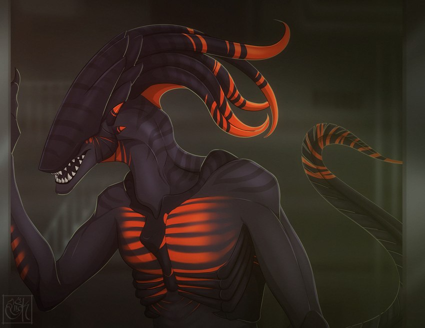 anthro detailed_background male open_mouth solo teeth silvyr alien_(franchise) varzek_(character) alien hybrid xenomorph 2022 digital_media_(artwork)