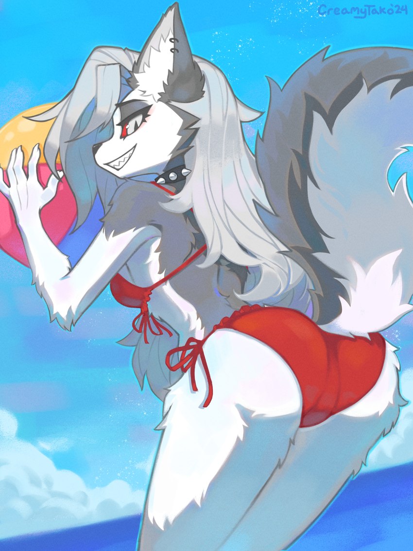 anthro ball beach_ball bikini butt clothing ear_piercing ear_ring female fluffy fluffy_tail fur grey_body grey_fur grey_hair hair inflatable inner_ear_fluff partially_submerged piercing raised_tail rear_view red_eyes ring_piercing sea smile solo standing_in_water swimwear tail text tuft two-piece_swimsuit water white_body white_fur creamytako helluva_boss mythology loona_(helluva_boss) canid canid_demon canine demon hellhound mammal mythological_canine mythological_creature 2024 hi_res url