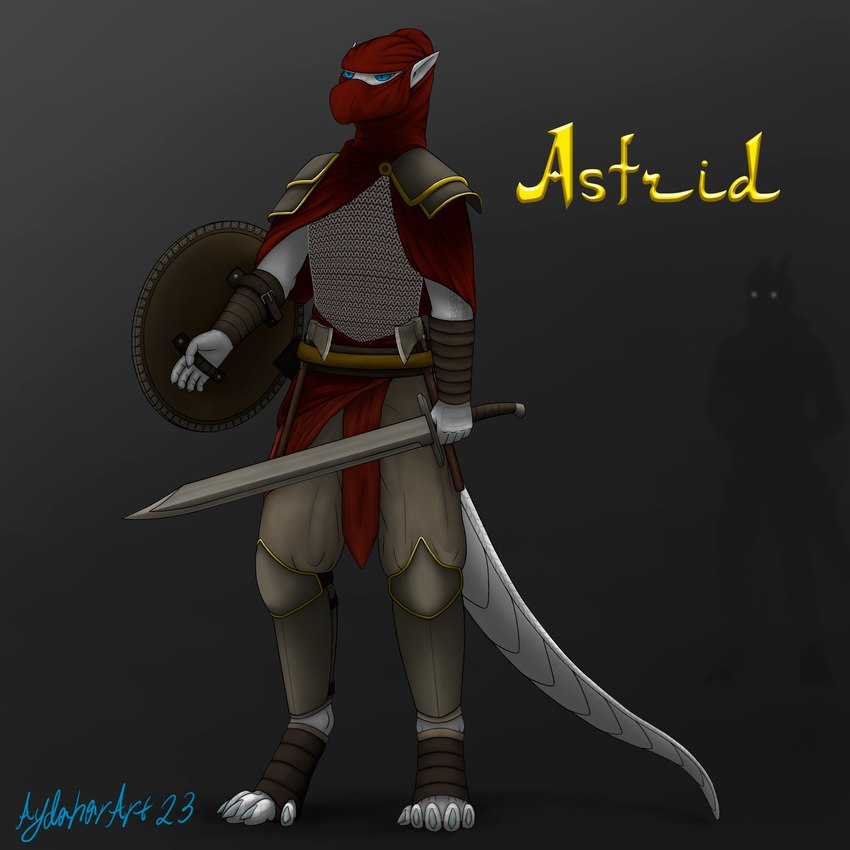 5_fingers anthro armor axe blue_eyes boots cape clothing female fingers footwear grey_background headgear headwear hijab long_tail melee_weapon red_cape red_clothing religious_clothing religious_headwear scales shield shoes simple_background solo sword tail weapon white_body white_skin aydaharart mythology astrid(aydaharart) dragon mythological_creature mythological_scalie scalie 1:1 absurd_res hi_res