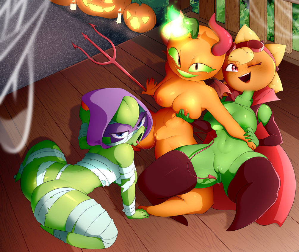 5_fingers areola bandage big_breasts big_butt biped blue_eyes bodily_fluids breasts brown_eyes butt candle cloak clothed clothing costume eyebrows eyelashes eyewear featureless_feet feet female female/female fingers fire flower food front_view fruit genital_fluids genitals goggles green_body green_sclera group hand_on_breast holidays hood ineffective_clothing jack-o'-lantern kneeling leaf leaning leaning_forward legwear looking_at_viewer looking_back melee_weapon monotone_body mostly_nude narrowed_eyes navel nipples not_furry nude nude_female one_eye_closed open_mouth open_smile plant polearm pseudo_hair pseudo_horn pumpkin rear_view reclining red_eyes saliva saliva_string skimpy smile tail text thick_thighs tongue trident trio vaginal_fluids vertical_bar_eyes vulva weapon taihen_(artist) electronic_arts halloween plants_vs._zombies plants_vs._zombies_heroes popcap_games green_shadow solar_flare_(pvz) elemental_creature elemental_humanoid flora_fauna flower_creature humanoid jack_o'_lantern_(pvz) peashooter_(pvz) plant_humanoid sunflower_(pvz) 2025 absurd_res digital_drawing_(artwork) digital_media_(artwork) english_text hi_res