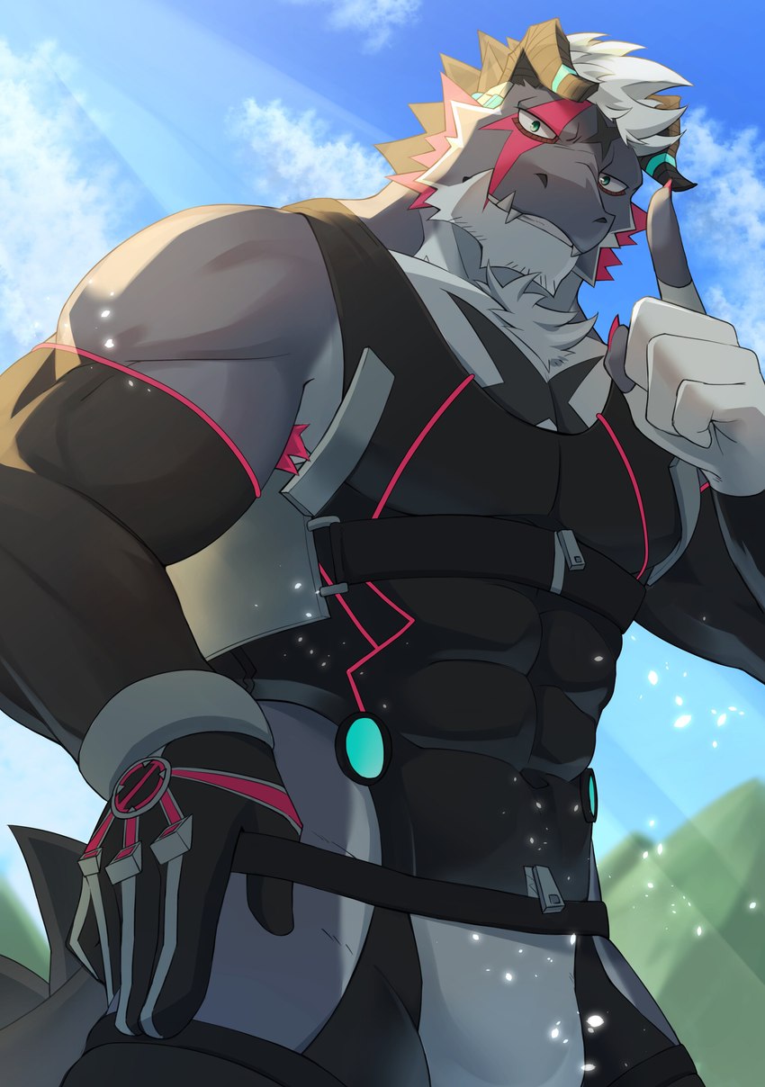 abs anthro bulge clothing gloves grey_body hair handwear horn male muscular muscular_anthro muscular_male pecs solo white_hair kouga0225 lifewonders live_a_hero mythology giansar dragon mythological_creature mythological_scalie scalie absurd_res hi_res