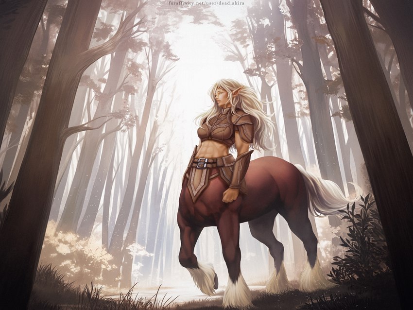 abs armor belt brown_body clothing detailed_background female fetlocks forest gauntlets gloves grass hair handwear humanoid_pointy_ears leather muscular outside plant pointy_ears solo tree white_hair dead.akira european_mythology greek_mythology mythology centaur clydesdale draft_horse equid equid_taur equine horse humanoid_taur mammal mammal_taur taur 4:3