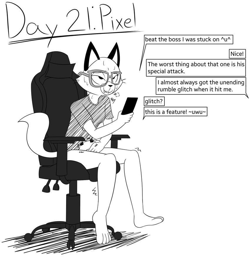 anthro biped bottomless clothed clothing controller dialogue eyewear female game_controller gaming_chair glasses improvised_sex_toy improvised_vibrator looking_pleasured masturbation offscreen_character shirt sitting solo t-shirt text topwear vaginal vaginal_masturbation himitsu the_gamercat pixel_(the_gamercat) domestic_cat felid feline felis mammal 2021 black_and_white english_text full-length_portrait hi_res monochrome portrait sketch