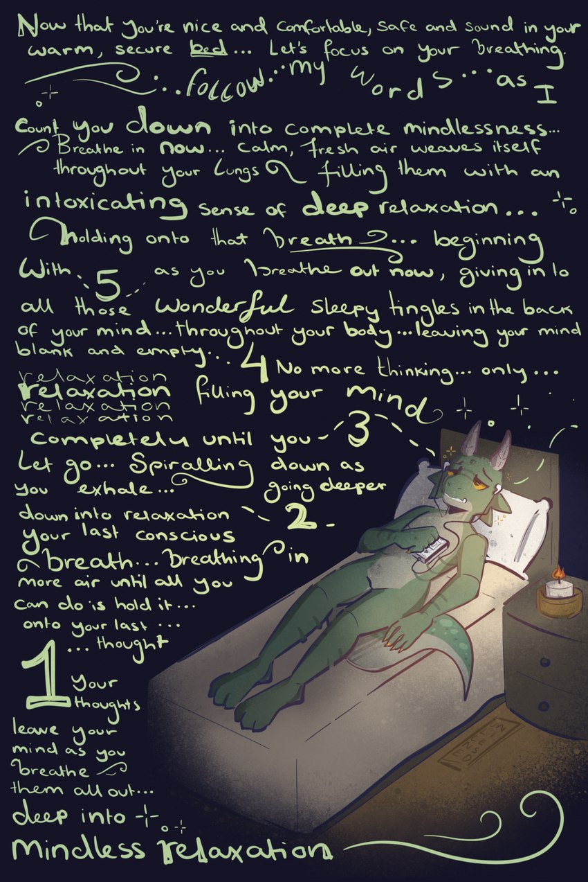 anthro bed bedroom breathing candle comfortable countdown furniture horn hypnosis male mind_control realistic_hypnosis relaxing solo text tired unlicensed akko_(akkobold) kobold scalie english_text hi_res