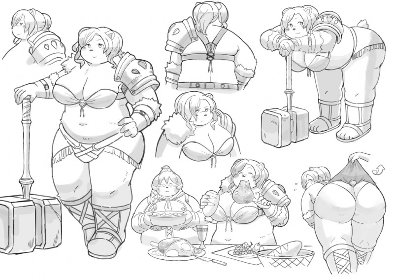 ambiguous_gender anthro belly breasts butt clothed clothing disembodied_hand duo eating eyewear female food fully_clothed glasses humanoid_hands kemono navel overweight overweight_female simple_background solo_focus underwear white_background sv_grart bear canid canine canis domestic_dog mammal 2017 digital_media_(artwork) greyscale hi_res monochrome