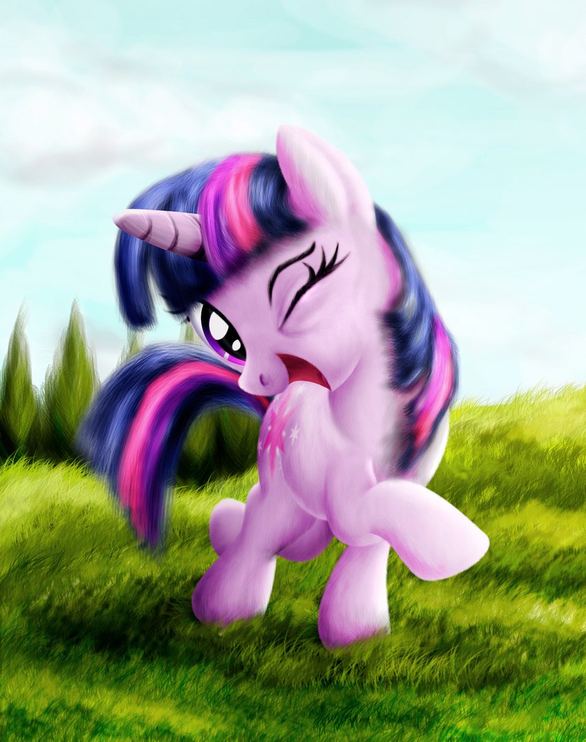 cloud cutie_mark female feral fur grass hair horn multicolored_hair one_eye_closed outside plant purple_body purple_fur purple_hair quadruped sky solo tail two_tone_hair wink dcpip friendship_is_magic hasbro my_little_pony mythology twilight_sparkle_(mlp) equid equine mammal mythological_creature mythological_equine unicorn cool_colors hi_res