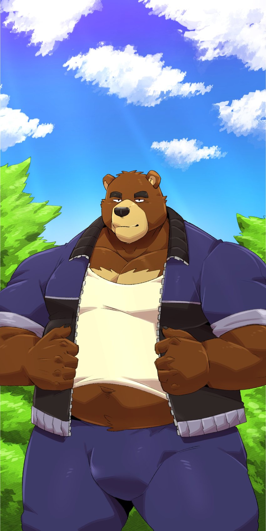 anthro belly big_belly black_nose bottomwear brown_body bulge clothing cloud front_view humanoid_hands kemono looking_at_viewer male midriff outside overweight overweight_male pants plant shirt sky solo topwear tree jumperbear morenatsu juuichi_mikazuki bear mammal 2023 absurd_res hi_res portrait three-quarter_portrait