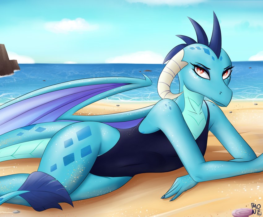 anthro beach blue_body blue_clothing blue_scales blue_swimwear clothing eyebrows eyelashes female horn looking_at_viewer lying membrane_(anatomy) membranous_wings on_side one-piece_swimsuit outside red_eyes sand scales solo swimwear wings blue-monedula friendship_is_magic hasbro my_little_pony mythology princess_ember_(mlp) dragon mythological_creature mythological_scalie scalie 2024 hi_res