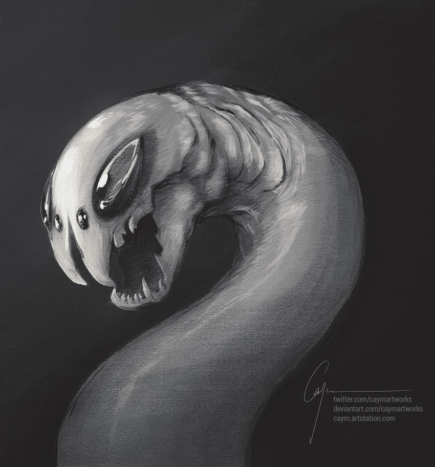 4_eyes ambiguous_feral ambiguous_gender bared_teeth fangs feral gills glistening glistening_eyes grey_background multi_eye open_mouth serpentine side_view simple_background solo teeth text caymartworks marine sea_serpent 2019 bust_portrait greyscale monochrome portrait url