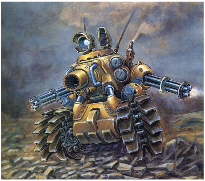 ambiguous_gender border cannon cloud gatling_gun gun machine machine_gun not_furry outside overcast ranged_weapon rock sky smoke sv-001 tank vehicle weapon white_border yellow_body zero_pictured unknown_artist metal_slug snk detailed digital_media_(artwork) digital_painting_(artwork) full-length_portrait grandfathered_content hi_res portrait