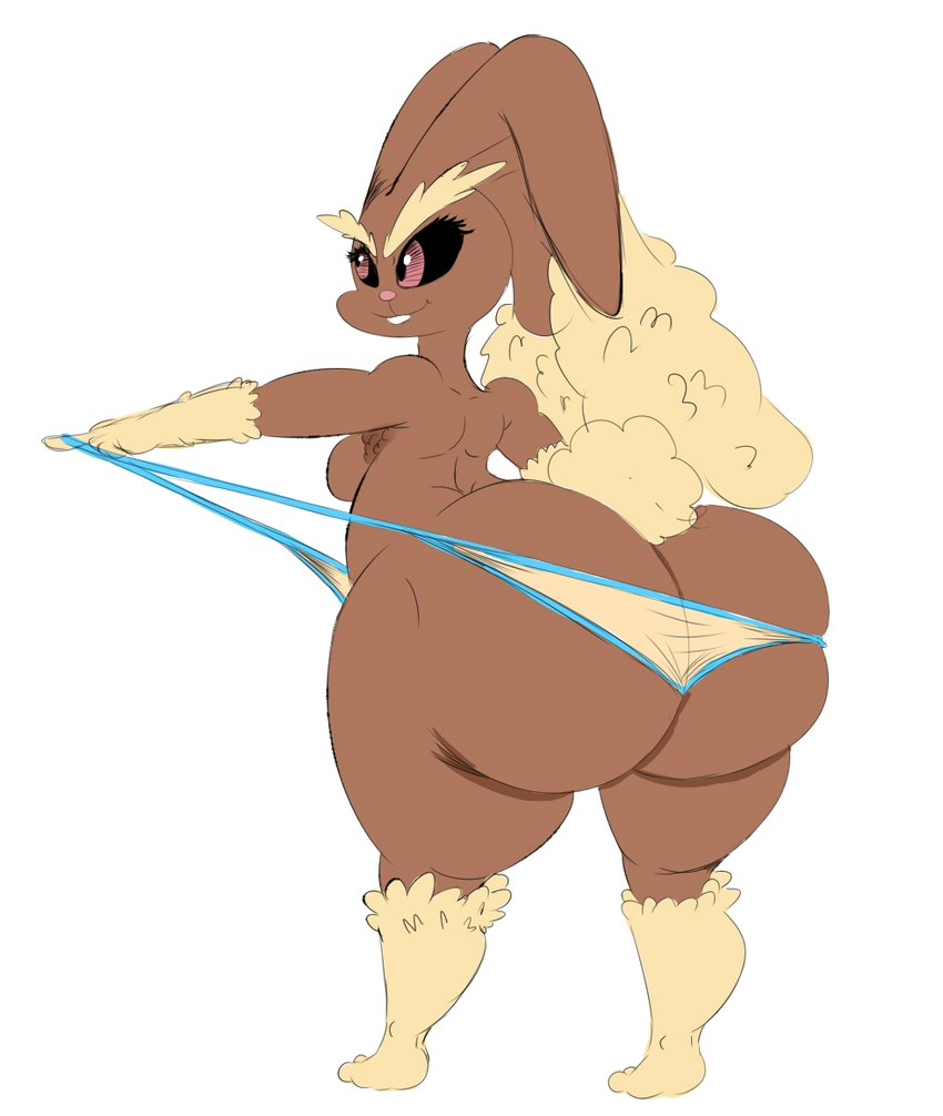 anthro big_butt big_ears black_sclera breasts brown_body brown_fur buckteeth butt butt_cleavage butt_focus clothed clothing female fur fur_gloves huge_butt panties pink_eyes rear_view scut_tail short_stack short_tail side_boob simple_background smile solo tail tan_body tan_fur teeth thick_thighs topless topless_anthro topless_female underwear wedgie white_background wide_hips neom-daddy nintendo pokemon generation_4_pokemon lagomorph lopunny mammal pokemon_(species)