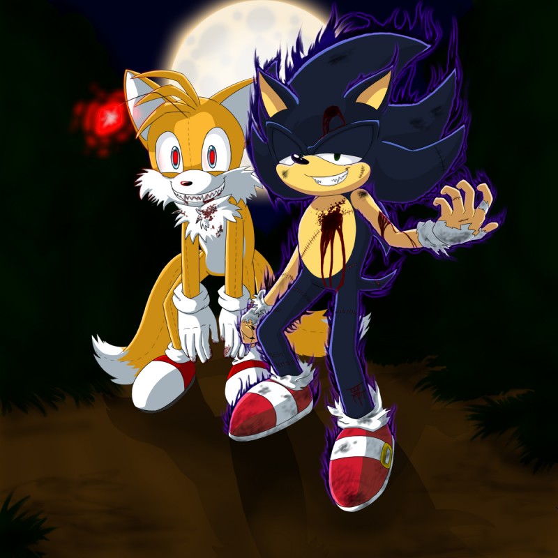 anthro aura blood blue_body blue_fur bodily_fluids boots clothing creepy dipstick_tail duo footwear fur gloves handwear holidays male markings shoes tail tail_markings white_clothing white_gloves white_handwear whiteraven4 halloween sega sonic_the_hedgehog_(series) dark_sonic tails_doll canid canine eulipotyphlan fox hedgehog mammal undead zombie 1:1 hi_res