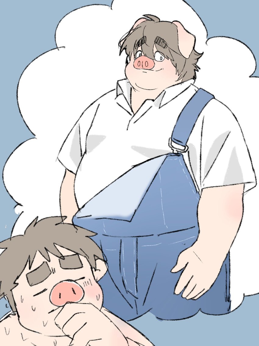 anthro bodily_fluids clothing eyes_closed kemono male overalls overweight overweight_male shirt simple_background solo sweat topwear inunoshippo domestic_pig mammal suid suina sus_(pig) 2024 3:4 hi_res