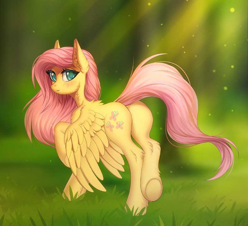 butt cutie_mark feathered_wings feathers female feral hooves looking_at_viewer outside solo wings margony friendship_is_magic hasbro my_little_pony mythology fluttershy_(mlp) equid equine mammal mythological_creature mythological_equine pegasus 2018 digital_media_(artwork) hi_res