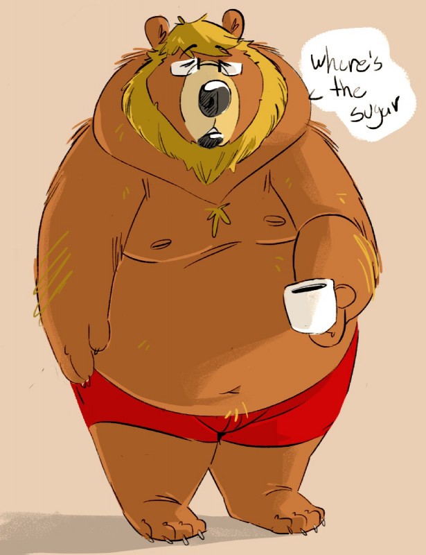 anthro belly bottomwear brown_body brown_fur clothing eyes_closed eyewear fur glasses male moobs navel nipples overweight overweight_anthro overweight_male shorts solo text spazz_bear bear mammal 2019 english_text hi_res