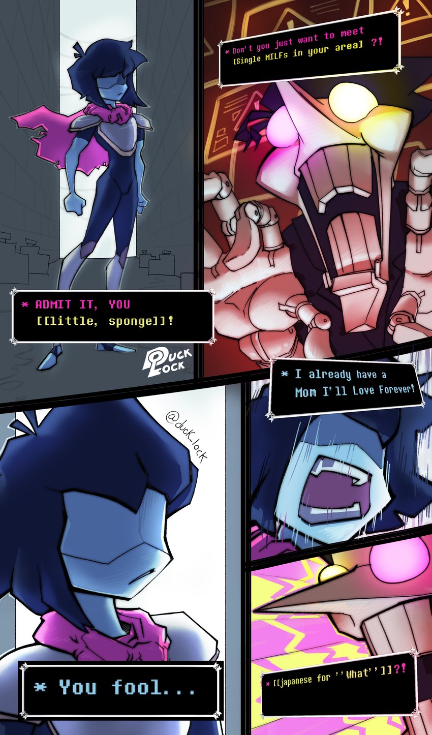 ambiguous_gender armor dialogue dialogue_box duo male marionette not_furry text deadlocked deltarune undertale undertale_(series) kris_(deltarune) spamton_g._spamton animate_inanimate human humanoid mammal absurd_res comic english_text hi_res