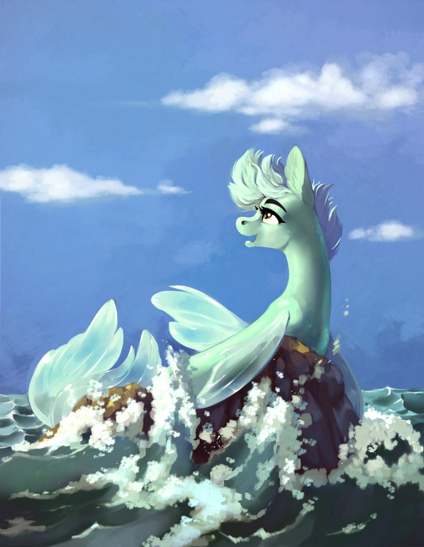 alternate_species amber_eyes blue_sky cloud female feral green_body green_hair hair rock sea sky solo water wave 28gooddays friendship_is_magic hasbro my_little_pony lyra_heartstrings_(mlp) fish marine seapony_(mlp) absurd_res hi_res