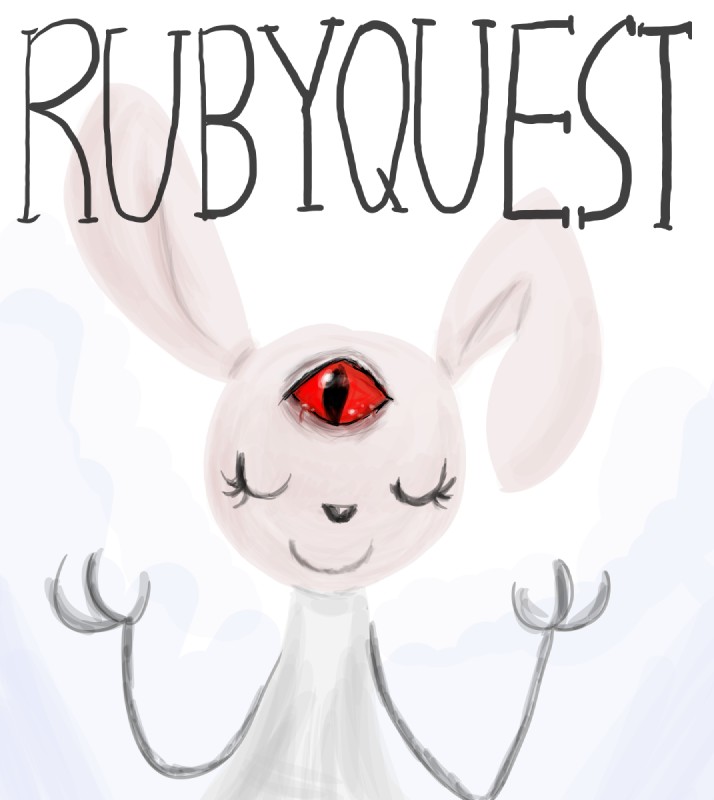 3_eyes anthro big_ears blood bodily_fluids clothing crying_blood dress eyes_closed female fur looking_at_viewer multi_eye raised_arm red_eyes simple_background smile solo standing text white_background white_body white_fur cheetoo ruby_quest ruby_(rq) lagomorph leporid mammal rabbit english_text hi_res