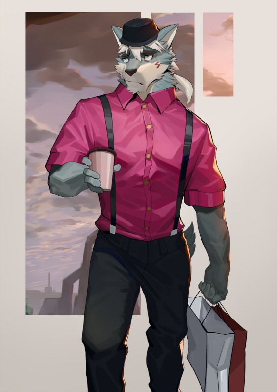 anthro bottomwear clothed clothing fur hat headgear headwear holding_object male pants shirt solo suspenders topwear wball canid canine canis mammal wolf 2018 digital_media_(artwork) hi_res