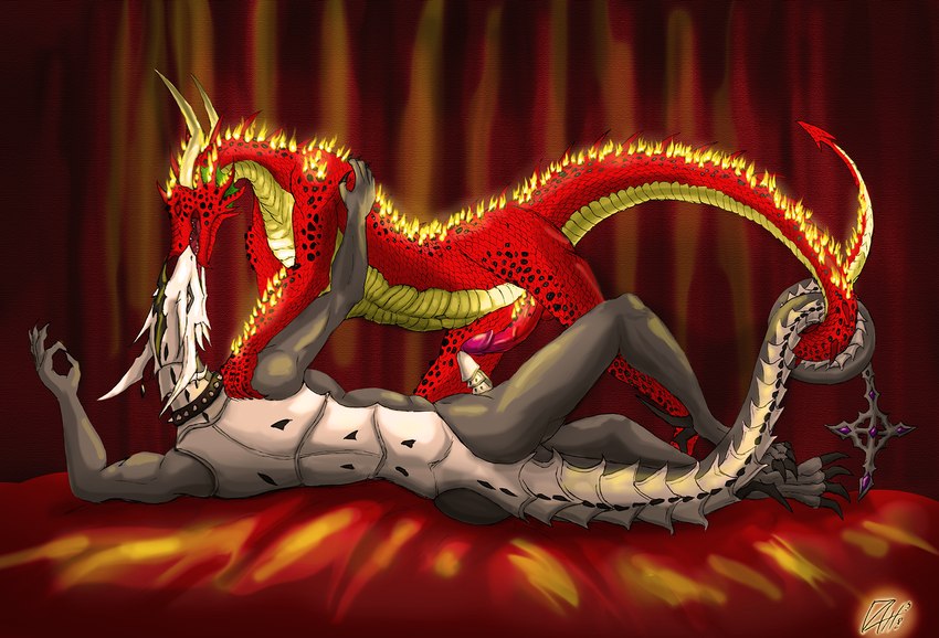 anthro bed burning duo entwined_tails frottage furniture gesture kissing lying lying_on_bed male male/male on_bed penile sex tail tail_coil dniprodragon bakugan mythology agnar sefire dragon dragonoid_(bakugan) mythological_creature mythological_scalie scalie hi_res