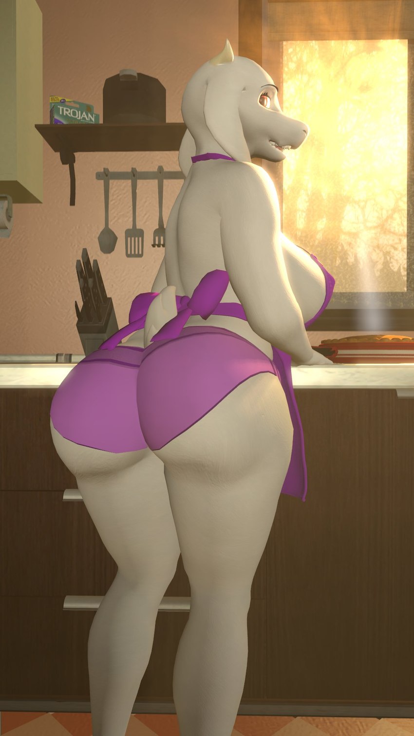 anthro apron big_breasts big_butt breasts butt butt_pose clothing curvy_anthro curvy_female curvy_figure dessert detailed_background eyelashes female food fur horn hourglass_figure hourglass_figured_anthro hourglass_figured_female huge_breasts huge_butt inside kitchen looking_at_viewer looking_back mature_anthro mature_female panties pastry pie pose red_eyes solo standing teeth text thick_thighs tongue underwear white_body white_fur wide_hipped_anthro wide_hipped_female wide_hips billynr trojan undertale undertale_(series) warfare_machine toriel warfare_toriel boss_monster_(undertale) bovid caprine goat mammal monster 2019 3d_(artwork) 9:16 digital_media_(artwork) english_text hi_res source_filmmaker_(artwork)