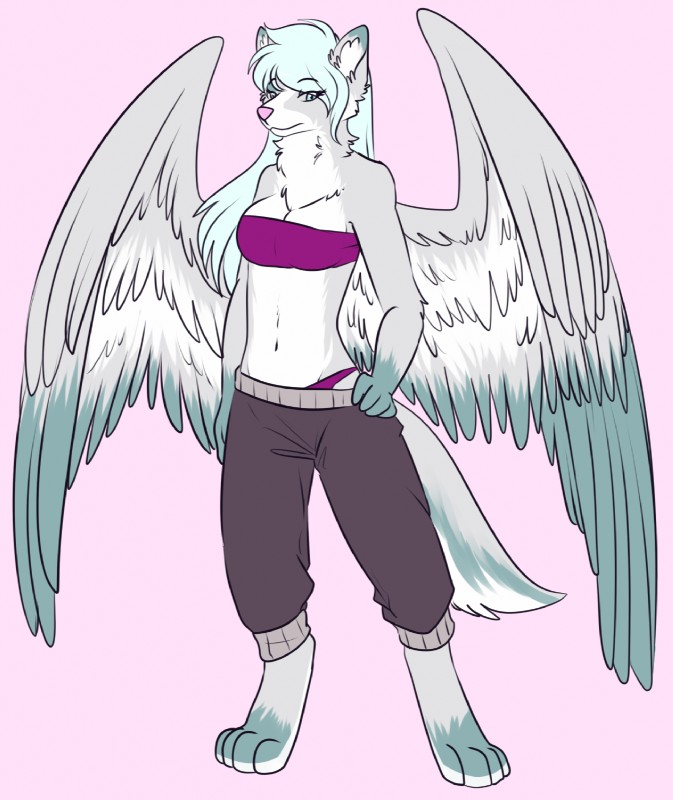 anthro bandeau blue_eyes blue_hair bottomwear breasts cleavage clothed clothing female fully_clothed fur grey_body grey_fur hair hand_on_hip midriff neck_tuft panties pants pink_background simple_background skimpy solo standing sweatpants topwear tuft underwear white_body white_fur wings fizzy-dog canid canine mammal 2017 digital_media_(artwork) full-length_portrait hi_res portrait