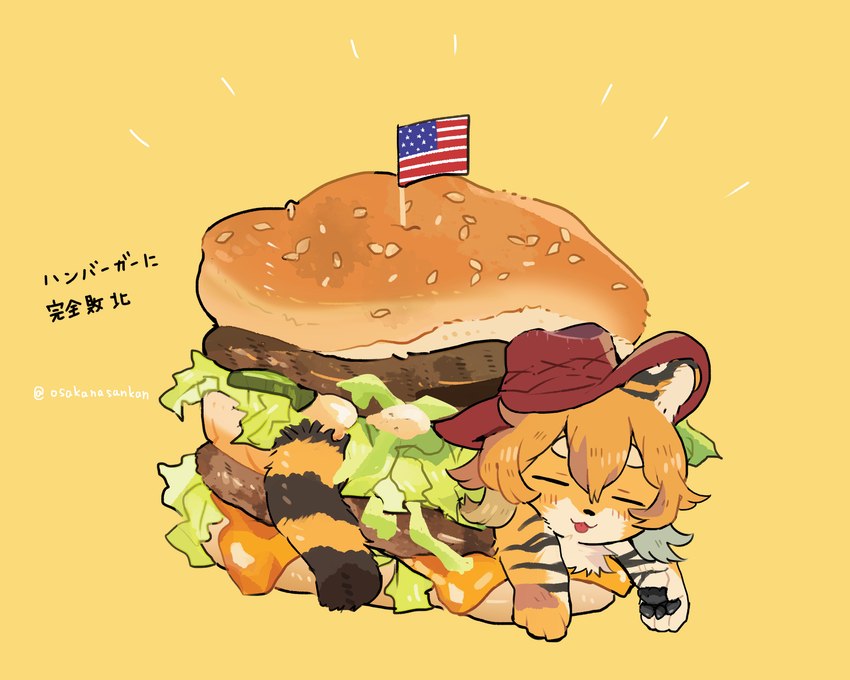 4_fingers american_flag anthro beef big_mac_(burger) black_body black_fur black_nose black_pawpads blep blush blush_lines burger burger_bun canton cheese chest_tuft chibi clothing cowboy_hat dairy_products emanata eyebrows eyes_closed female female_anthro fingers flag flag_(object) flag_toothpick fluffy food fur hair hat headgear headwear in_food kemono lettuce markings meat mini_flag multicolored_body multicolored_ears multicolored_fur multicolored_tail orange_body orange_fur orange_hair pawpads paws pickle_(food) plant sauce sesame_seed_bun sesame_seeds simple_background solo special_sauce striped_body striped_fur striped_markings striped_tail stripes tail tail_markings text thick_eyebrows tongue tongue_out toothpick tuft united_states_of_america vegetable white_body white_fur yellow_background osakanasankan mcdonald's felid mammal pantherine tiger 2022 5:4 absurd_res digital_media_(artwork) hi_res japanese_text translated