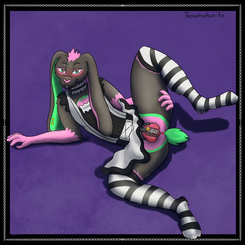 anthro black_border blush border buckteeth chastity_cage chastity_device clothed clothing crossdressing dress femboy genitals lock maid_uniform male padlock penis solo teeth uniform thehatredburrito lagomorph leporid mammal rabbit 1:1 hi_res