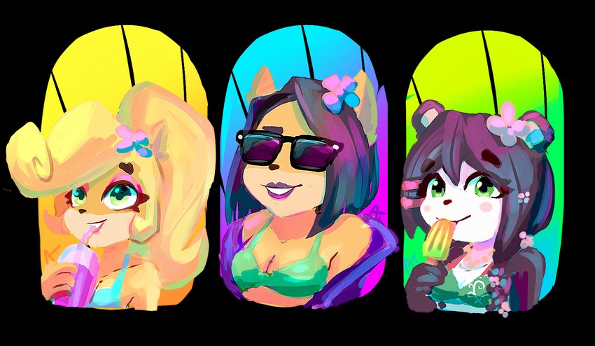 anthro beverage bikini breasts cleavage clothed clothing female fur group smile swimwear trio two-piece_swimsuit alex-toons activision crash_bandicoot_(series) crash_team_racing_(series) crash_team_racing_nitro-fueled coco_bandicoot liz_bandicoot yaya_panda