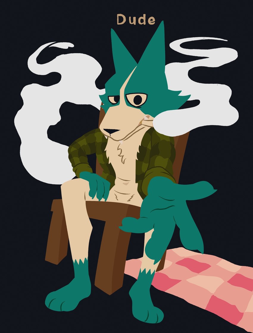 action_pose anthro bedding black_background blanket chair cigar furniture looking_at_viewer male pose reaching_towards_viewer simple_background smoke smoking solo tired vasgore webfishing nameless_character canid canine canis mammal wolf 2024 absurd_res hi_res