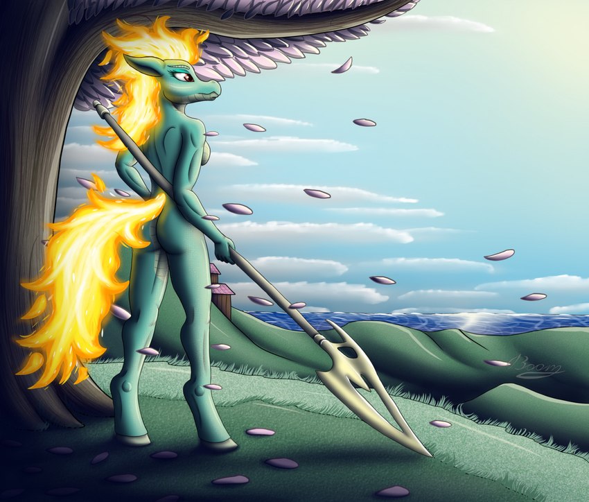 amber_eyes anthro anthrofied biped breasts butt cherry_blossom detailed_background female fire flaming_hair flaming_tail flower green_body green_scales hooves looking_away melee_weapon nude plant polearm prunus_(flower) pseudo_hair rear_view scales side_boob solo spear tail tree unguligrade warrior weapon bomzzzik asian_mythology chinese_mythology east_asian_mythology mythology them's_fightin'_herds tianhuo_(tfh) dragon hybrid longma mythological_creature mythological_equine mythological_scalie scalie 2021 digital_drawing_(artwork) digital_media_(artwork) signature