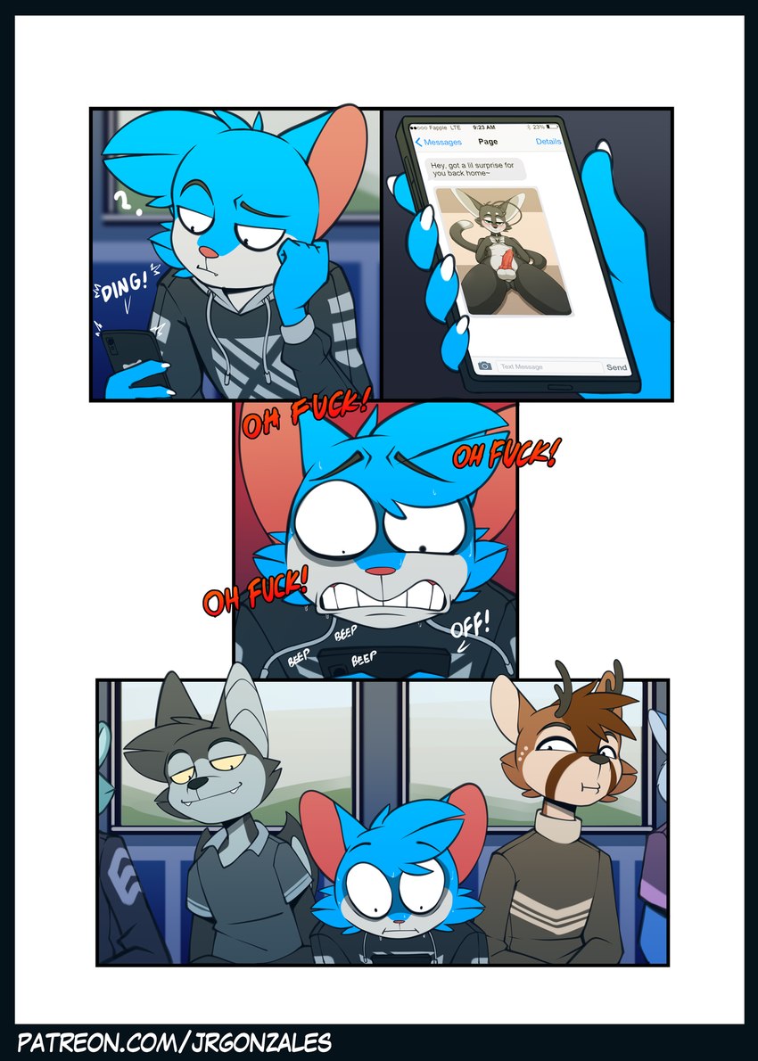 4_panel_comic animal_genitalia animal_penis anthro antlers balls bedroom_eyes black_body black_fur blue_body blue_fur blue_hair blush brown_body brown_fur brown_hair canine_genitalia canine_penis caught_in_the_act cellphone chat cheek_tuft clenched_teeth clothed clothing collar electronics erection facial_tuft fur genitals grey_body grey_fur grey_hair group hair half-closed_eyes hoodie horn humor knot looking_at_viewer male multicolored_body multicolored_fur narrowed_eyes nude_photo penis phone public public_transportation seductive smartphone smile smirk smug smug_face smug_grin solo surprised_expression sweater teeth text text_message topwear tuft turtleneck two_tone_body two_tone_fur wide_eyed jay-r jay-r_(character) page_(jay-r) canid canine canis deer domestic_cat felid feline felis fennec_fox fox hybrid mammal true_fox wolf english_text hi_res url