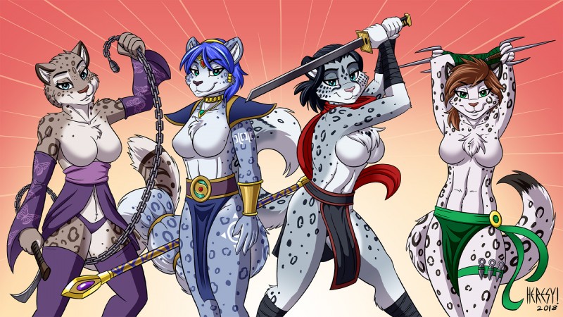 anthro armor big_breasts biped black_hair blue_hair bottomwear breasts brown_hair chain cheek_tuft chest_tuft clothed clothing facial_tuft featureless_breasts female fur group hair holding_melee_weapon holding_object holding_sword holding_weapon knife loincloth looking_at_viewer markings melee_weapon midriff partially_clothed sai short_hair simple_background skimpy smile smirk spots spotted_body spotted_fur staff standing sword tuft vambrace weapon whip heresy_(artist) disney nintendo star_fox twokinds zootopia adira_riftwall fabienne_growley krystal_(star_fox) shuya_(chakatbombshell) canid canine felid fox keidran mammal pantherine snow_leopard 16:9 2018 cel_shading digital_media_(artwork) hi_res shaded widescreen