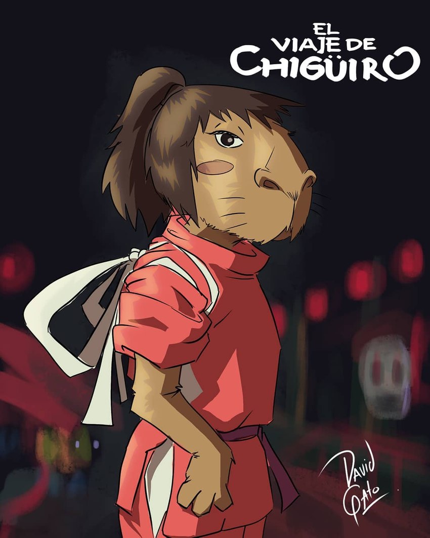 anthro asian_clothing brown_body brown_fur brown_hair clothing east_asian_clothing female fur hair japanese_clothing red_cheeks red_clothing solo text whiskers david_el_gato_(artist) ghibli spirited_away chihiro_ogino capybara caviid mammal rodent 4:5 hi_res signature sketch spanish_text