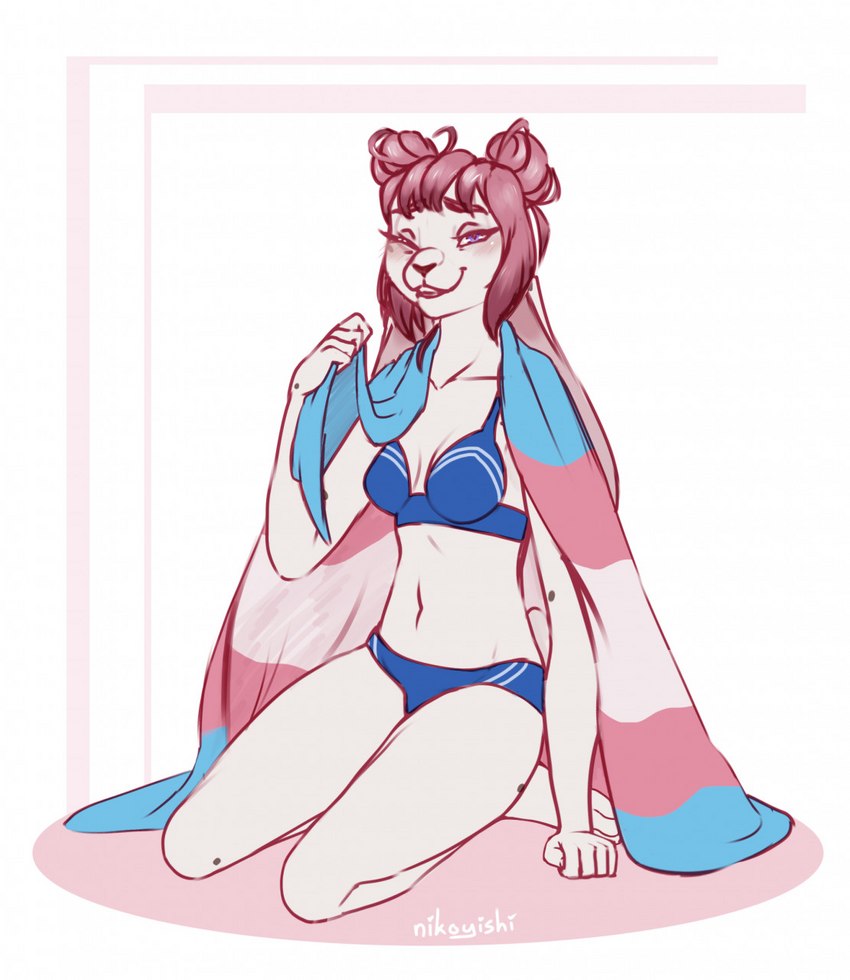 anthro blush breasts brown_body brown_fur clothed clothing ears_down female fingers flag flag_(object) fur hair hairbuns holding_flag holding_object kneeling lgbt_pride looking_at_viewer one_eye_closed pink_hair pivoted_ears pride_color_flag pride_colors purple_eyes simple_background sitting slim smile solo spots transgender_pride_colors underwear wearing_flag white_background white_body white_fur wink conditional_dnp nikoyishi claire_(nikoyishi) lagomorph leporid mammal panon_rabbit rabbit 2021 digital_drawing_(artwork) digital_media_(artwork) hi_res sketch