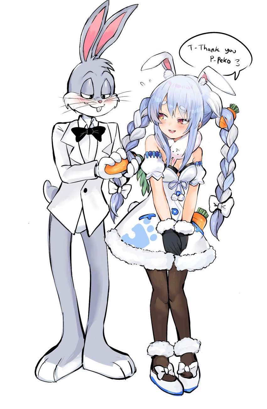 anthro blue_hair carrot clothed clothing duo female food hair male orange_eyes plant suit teeth text vegetable himuhino hololive looney_tunes vtuber warner_brothers bugs_bunny usada_pekora animal_humanoid humanoid lagomorph lagomorph_humanoid leporid leporid_humanoid mammal mammal_humanoid rabbit rabbit_humanoid english_text hi_res