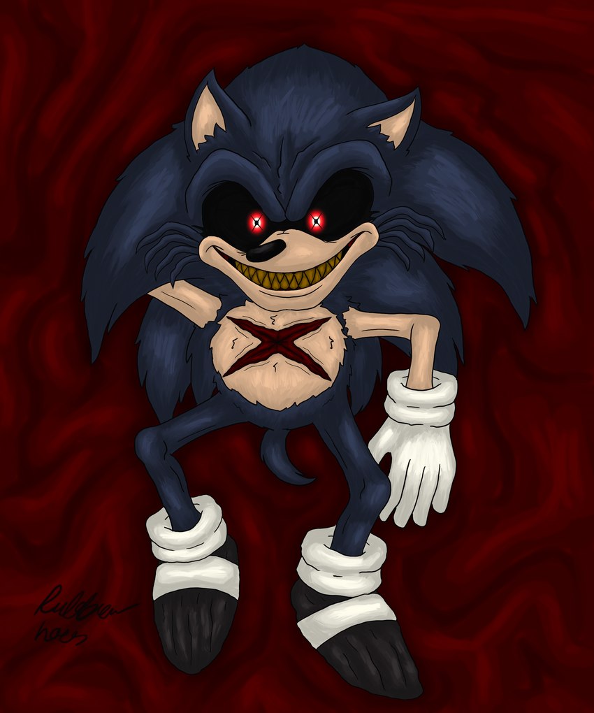 ambiguous_gender anthro bed_sheet bedding clothing footwear gloves glowing glowing_eyes handwear male sharp_teeth shoes solo teeth wounded rubberh0es creepypasta sega sonic.exe_(creepypasta) sonic_the_hedgehog_(series) lord_x eulipotyphlan hedgehog mammal 5:6 absurd_res hi_res