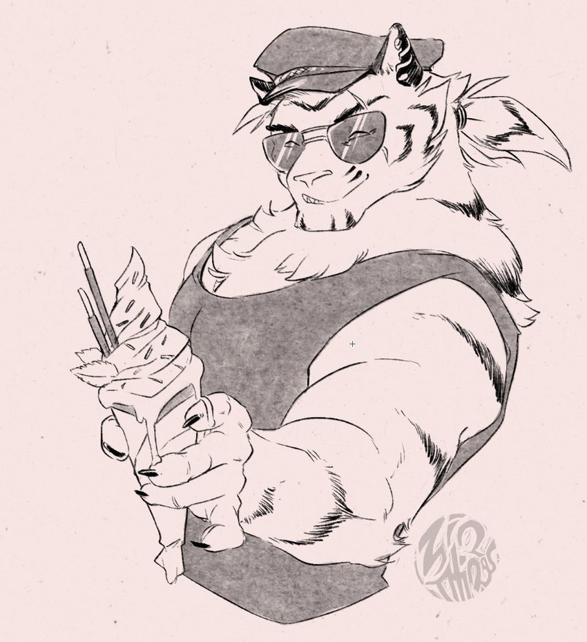 5_fingers anthro barazoku biceps big_muscles biped claws dessert eyewear finger_claws fingers food fur ice_cream looking_at_viewer male muscular muscular_anthro muscular_male simple_background solo sunglasses zinthings dislyte lilith_games jin_qiu_(dislyte) felid mammal pantherine tiger 2024